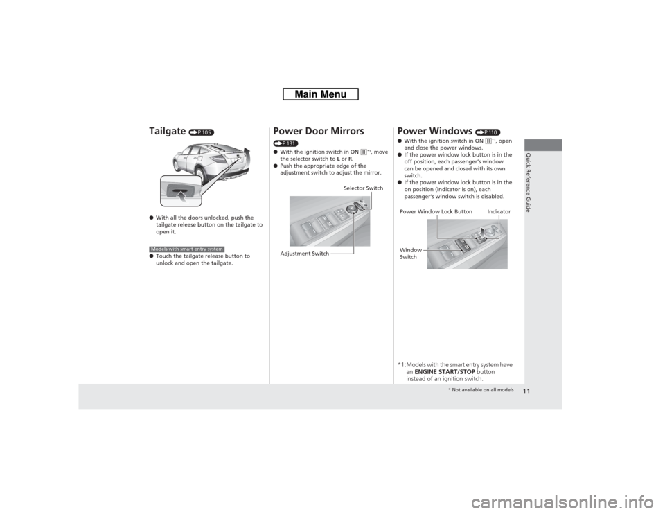 HONDA CROSSTOUR 2014 1.G User Guide 11Quick Reference Guide
Tailgate
(P105)
●With all the doors unlocked, push the
tailgate release button on the tailgate to
open it.
●Touch the tailgate release button to
unlock and open the tai HONDA CROSSTOUR 2014 1.G User Guide 11Quick Reference Guide
Tailgate
(P105)
●With all the doors unlocked, push the
tailgate release button on the tailgate to
open it.
●Touch the tailgate release button to
unlock and open the tai