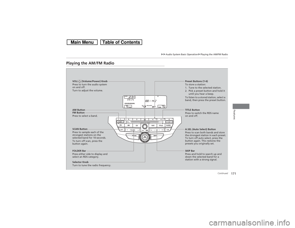 HONDA CROSSTOUR 2014 1.G Owners Manual 171
uuAudio System Basic OperationuPlaying the AM/FM Radio
Continued
Features
Playing the AM/FM Radio
FM Button
Press to select a band.
SCAN Button
Press to sample each of the
strongest stations on t HONDA CROSSTOUR 2014 1.G Owners Manual 171
uuAudio System Basic OperationuPlaying the AM/FM Radio
Continued
Features
Playing the AM/FM Radio
FM Button
Press to select a band.
SCAN Button
Press to sample each of the
strongest stations on t