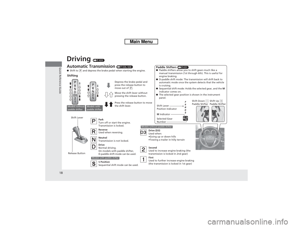 HONDA CROSSTOUR 2014 1.G Owners Manual 18Quick Reference Guide
Driving 
(P409)
Release ButtonShift LeverAutomatic Transmission 
(P426, 428)
●Shift to 
(P and depress the brake pedal when starting the engine.
Shifting
Park
Turn off or sta