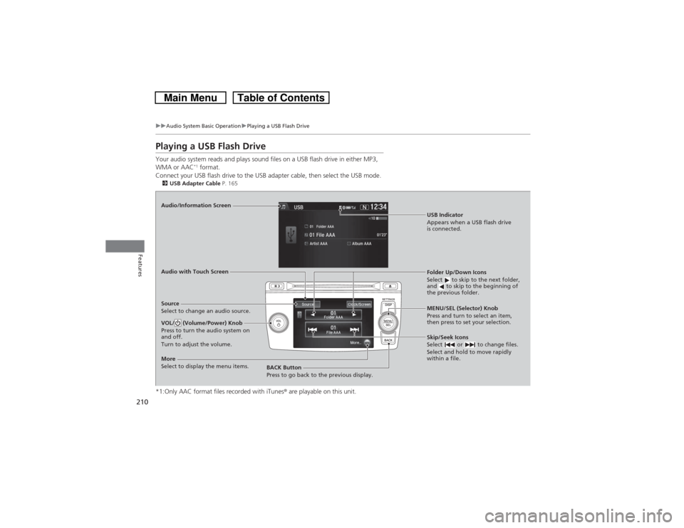 HONDA CROSSTOUR 2014 1.G Owners Manual 210
uuAudio System Basic OperationuPlaying a USB Flash Drive
Features
Playing a USB Flash DriveYour audio system reads and plays sound files on a USB flash drive in either MP3, 
WMA or AAC
*1 format.
