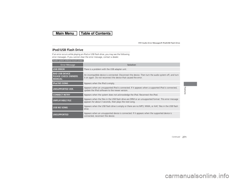 HONDA CROSSTOUR 2014 1.G Owners Manual 271
uuAudio Error MessagesuiPod/USB Flash Drive
Continued
Features
iPod/USB Flash DriveIf an error occurs while playing an iPod or USB flash drive, you may see the following 
error messages. If you ca