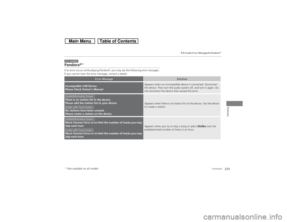 HONDA CROSSTOUR 2014 1.G Owners Manual 273
uuAudio Error MessagesuPandora®
*
Continued
Features
Pandora®
*
If an error occurs while playing Pandora®, you may see the following error messages. 
If you cannot clear the error message, cont