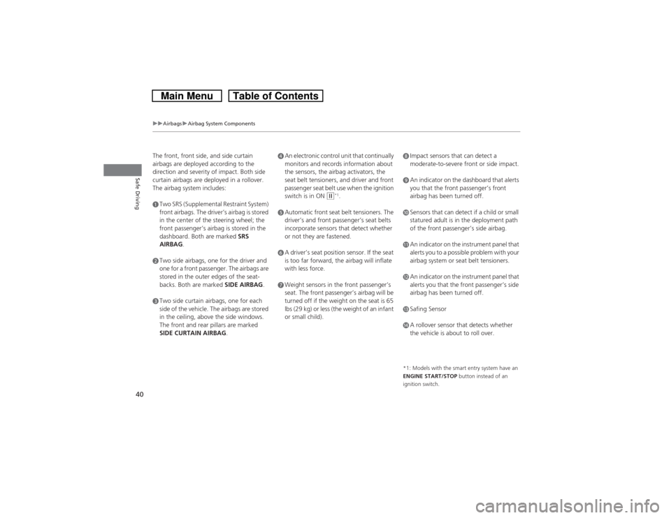 HONDA CROSSTOUR 2014 1.G Owners Manual 40
uuAirbagsuAirbag System Components
Safe Driving
The front, front side, and side curtain 
airbags are deployed according to the 
direction and severity of impact. Both side 
curtain airbags are depl