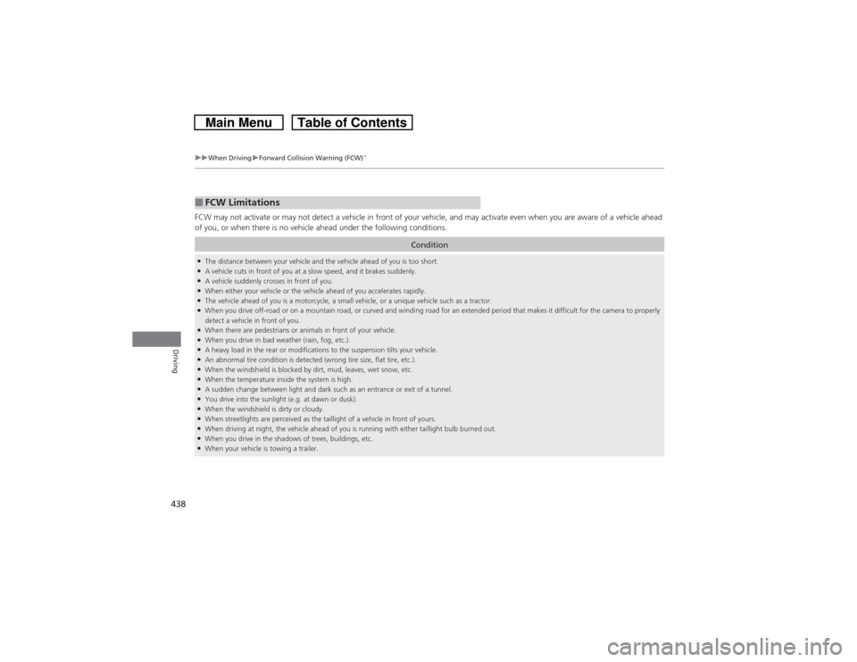 HONDA CROSSTOUR 2014 1.G Owners Manual 438
uuWhen DrivinguForward Collision Warning (FCW)
*
Driving
FCW may not activate or may not detect a vehicle in front of your vehicle, and may activate even when you are aware of a vehicle ahead
of HONDA CROSSTOUR 2014 1.G Owners Manual 438
uuWhen DrivinguForward Collision Warning (FCW)
*
Driving
FCW may not activate or may not detect a vehicle in front of your vehicle, and may activate even when you are aware of a vehicle ahead
of