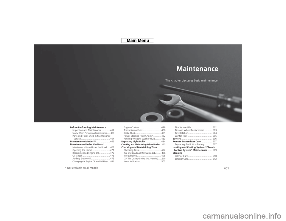 HONDA CROSSTOUR 2014 1.G Owners Manual 461
Maintenance
This chapter discusses basic maintenance.
Before Performing Maintenance
Inspection and Maintenance ............ 462Safety When Performing Maintenance..... 463Parts and Fluids Used in M HONDA CROSSTOUR 2014 1.G Owners Manual 461
Maintenance
This chapter discusses basic maintenance.
Before Performing Maintenance
Inspection and Maintenance ............ 462Safety When Performing Maintenance..... 463Parts and Fluids Used in M