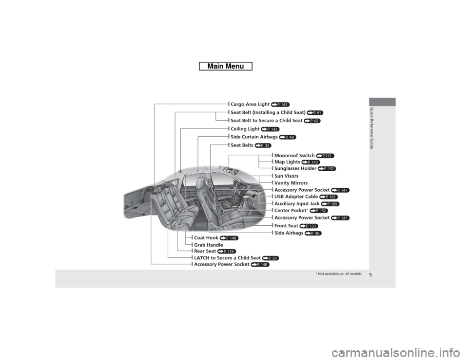 HONDA CROSSTOUR 2014 1.G Owners Manual 5Quick Reference Guide
❙Seat Belt (Installing a Child Seat)
(P 61)
❙Moonroof Switch
(P113 )
❙Map Lights
(P 143)
❙Front Seat
(P 133)
❙Seat Belts
(P 32)
❙Side Airbags
(P 46)
❙LATCH t HONDA CROSSTOUR 2014 1.G Owners Manual 5Quick Reference Guide
❙Seat Belt (Installing a Child Seat)
(P 61)
❙Moonroof Switch
(P113 )
❙Map Lights
(P 143)
❙Front Seat
(P 133)
❙Seat Belts
(P 32)
❙Side Airbags
(P 46)
❙LATCH t