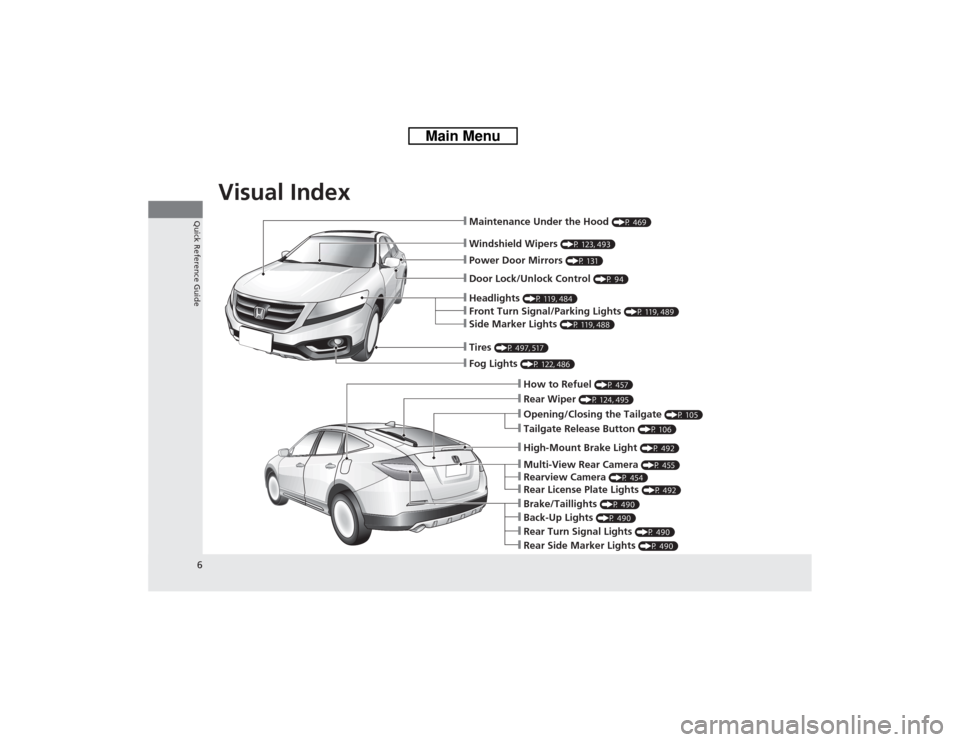HONDA CROSSTOUR 2014 1.G Owners Manual Visual Index
6Quick Reference Guide
❙Windshield Wipers
(P 123, 493)
❙Maintenance Under the Hood
(P 469)
❙Fog Lights
(P 122, 486)
❙Front Turn Signal/Parking Lights
(P 119, 489)
❙Side Mark HONDA CROSSTOUR 2014 1.G Owners Manual Visual Index
6Quick Reference Guide
❙Windshield Wipers
(P 123, 493)
❙Maintenance Under the Hood
(P 469)
❙Fog Lights
(P 122, 486)
❙Front Turn Signal/Parking Lights
(P 119, 489)
❙Side Mark