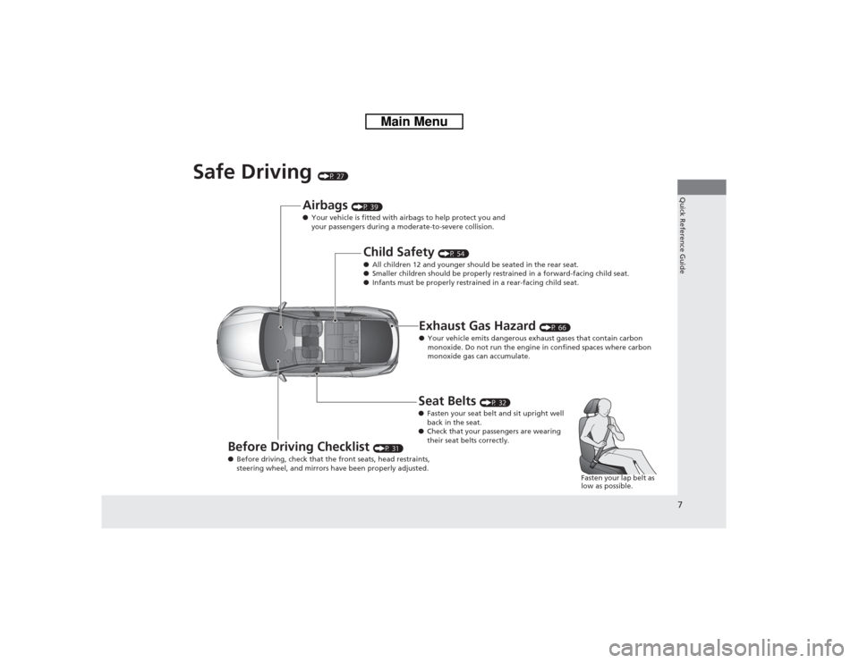 HONDA CROSSTOUR 2014 1.G Owners Manual 7Quick Reference Guide
Safe Driving 
(P 27)
Airbags 
(P 39)
●Your vehicle is fitted with airbags to help protect you and 
your passengers during a moderate-to-severe collision.
Child Safety 
(P 54)
