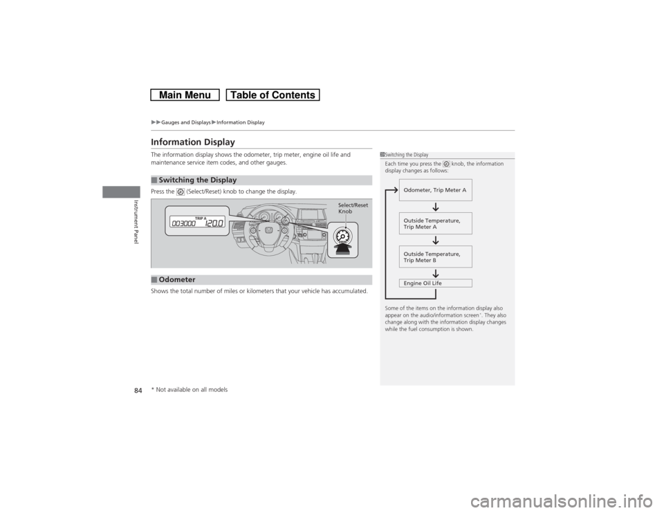 HONDA CROSSTOUR 2014 1.G Owners Manual 84
uuGauges and DisplaysuInformation Display
Instrument Panel
Information DisplayThe information display shows the odometer, trip meter, engine oil life and 
maintenance service item codes, and other 