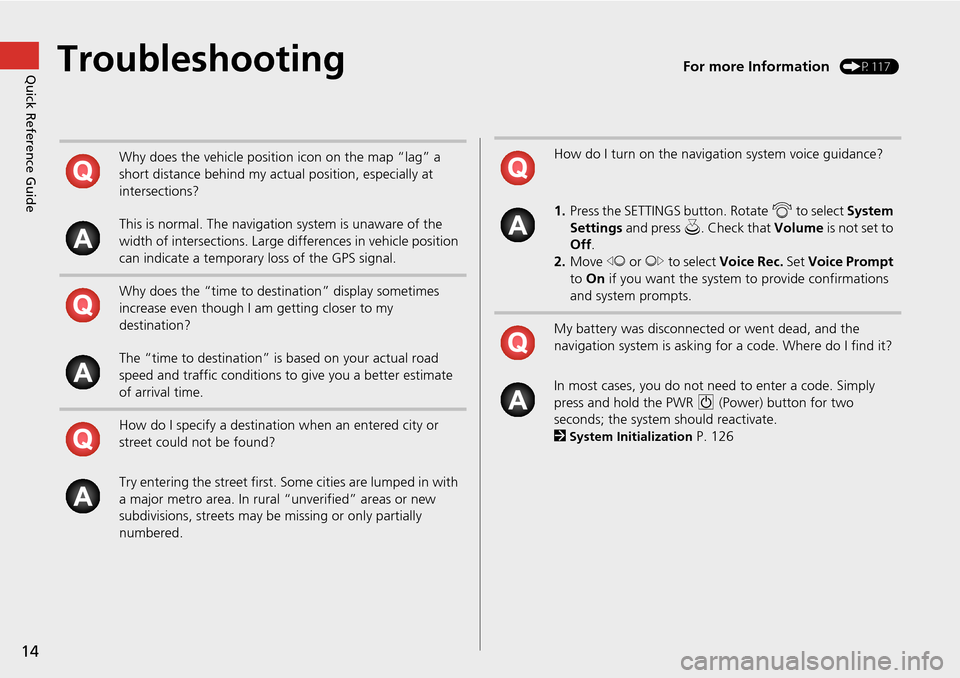 HONDA CROSSTOUR 2015 1.G Navigation Manual 14
Quick Reference GuideTroubleshootingFor more Information (P117)
Why does the vehicle position icon on the map “lag” a 
short distance behind my actual position, especially at 
intersections?
Th