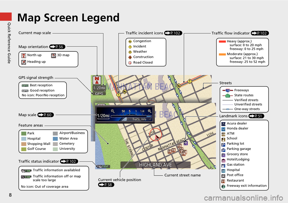 HONDA CROSSTOUR 2015 1.G Navigation Manual 8
Quick Reference GuideMap Screen Legend
Map orientation (P56)
GPS signal strength
North up
Heading up Best reception
Good reception
No icon: Poor/No reception
Traffic status indicator  (P102)
Traffic