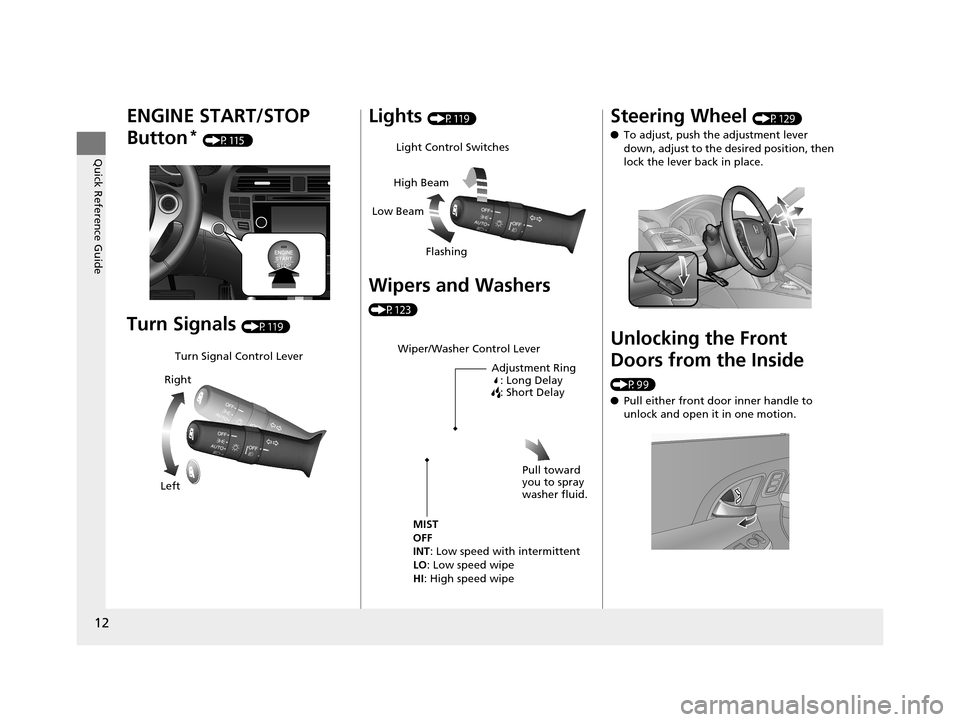 HONDA CROSSTOUR 2015 1.G Owners Manual 12
Quick Reference Guide
ENGINE START/STOP 
Button
* (P115 )
Turn Signals (P119)
Turn Signal Control Lever
Right
Left
Lights (P119)
Wipers and Washers 
(P123)
Light Control Switches
Low Beam High Beam