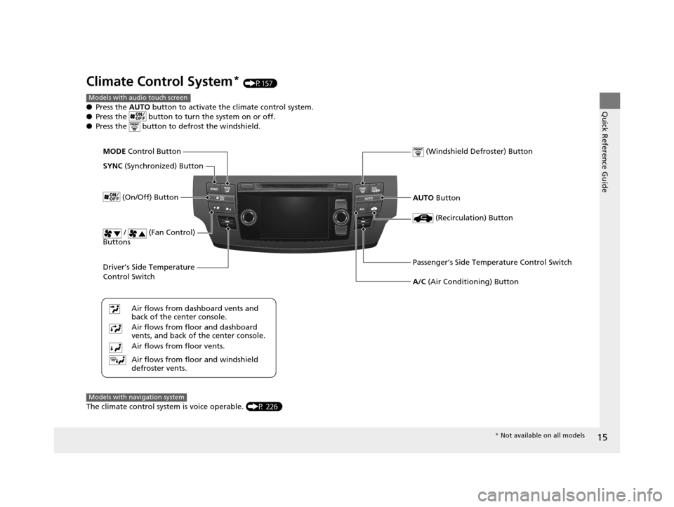 HONDA CROSSTOUR 2015 1.G User Guide 15
Quick Reference Guide
Climate Control System* (P157)
● Press the AUTO button to activate th e climate control system.
● Press the button to tu rn the system on or off.
● Press the button HONDA CROSSTOUR 2015 1.G User Guide 15
Quick Reference Guide
Climate Control System* (P157)
● Press the AUTO button to activate th e climate control system.
● Press the button to tu rn the system on or off.
● Press the button