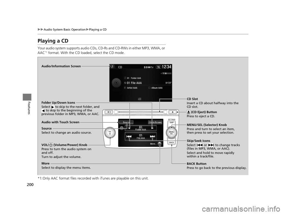 HONDA CROSSTOUR 2015 1.G Owners Manual 200
uuAudio System Basic Operation uPlaying a CD
Features
Playing a CD
Your audio system supports audio CDs, CD-Rs and CD-RWs in either MP3, WMA, or
AAC*1 format. With the CD load ed, select the CD m HONDA CROSSTOUR 2015 1.G Owners Manual 200
uuAudio System Basic Operation uPlaying a CD
Features
Playing a CD
Your audio system supports audio CDs, CD-Rs and CD-RWs in either MP3, WMA, or
AAC*1 format. With the CD load ed, select the CD m