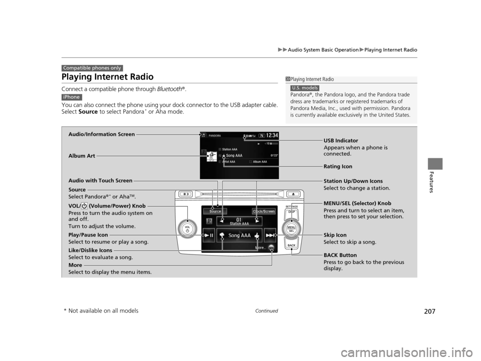 HONDA CROSSTOUR 2015 1.G Owners Manual 207
uuAudio System Basic Operation uPlaying Internet Radio
Continued
Features
Playing Internet Radio
Connect a compatible phone through  Bluetooth®.
You can also connect the phone using your dock con
