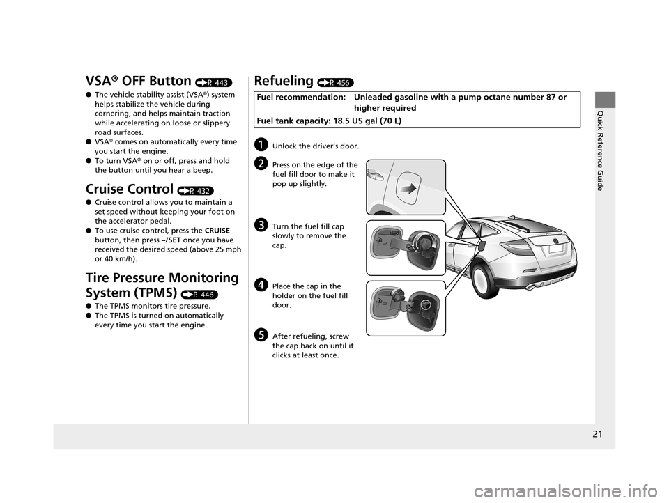 HONDA CROSSTOUR 2015 1.G Owners Manual 21
Quick Reference Guide
VSA® OFF Button (P 443)
● The vehicle stability assist (VSA ®) system
helps stabilize the vehicle during
cornering, and helps maintain traction
while accelerating on lo HONDA CROSSTOUR 2015 1.G Owners Manual 21
Quick Reference Guide
VSA® OFF Button (P 443)
● The vehicle stability assist (VSA ®) system
helps stabilize the vehicle during
cornering, and helps maintain traction
while accelerating on lo