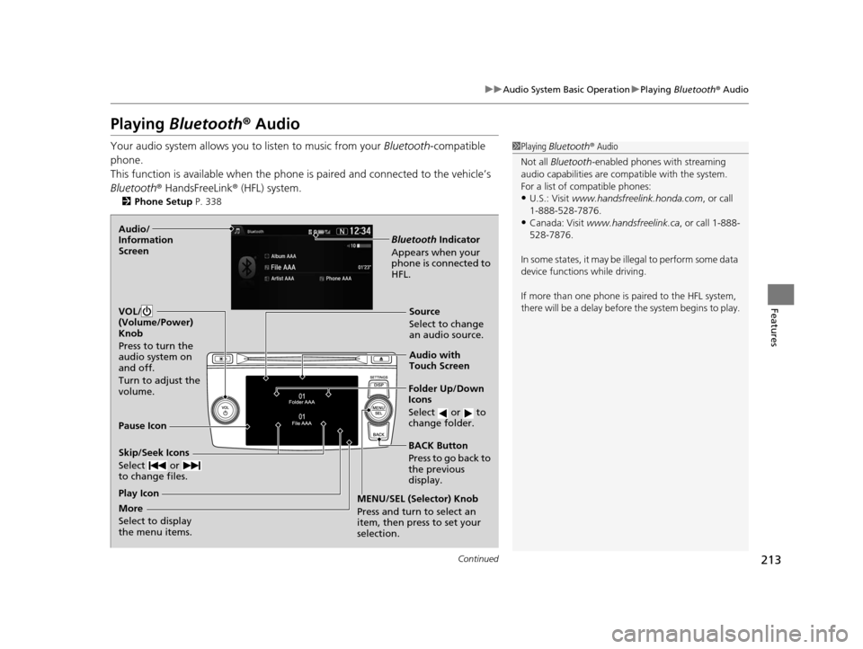 HONDA CROSSTOUR 2015 1.G Owners Manual 213
uuAudio System Basic Operation uPlaying  Bluetooth ® Audio
Continued
Features
Playing  Bluetooth ® Audio
Your audio system allows you to listen to music from your  Bluetooth-compatible 
phone.
T