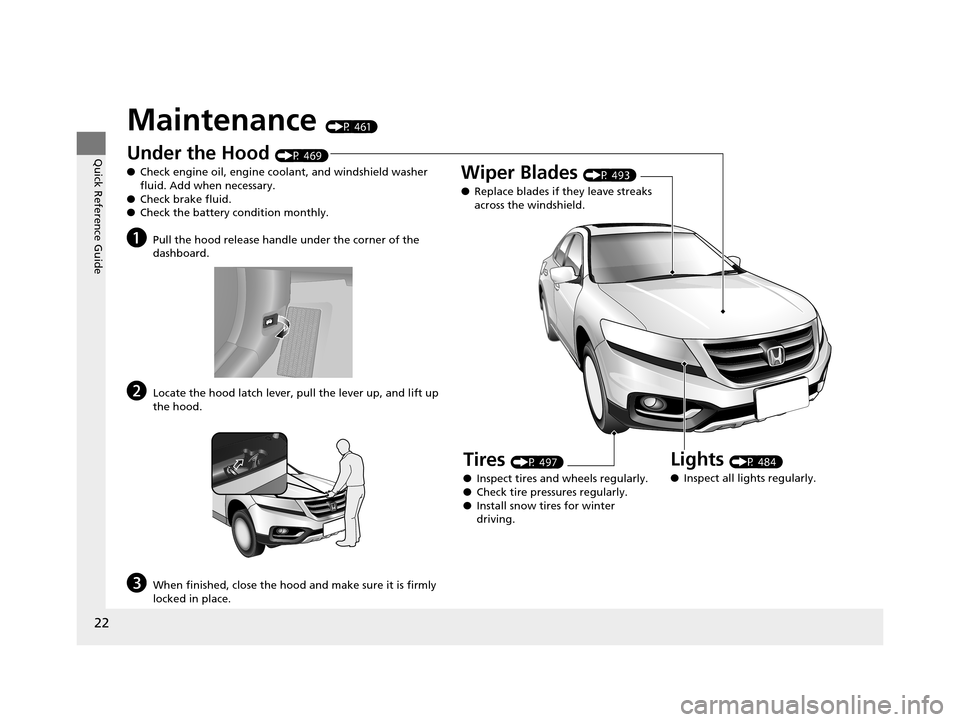 HONDA CROSSTOUR 2015 1.G Owners Manual 22
Quick Reference Guide
Maintenance (P 461)
Under the Hood (P 469)
● Check engine oil, engine coolant, and windshield washer 
fluid. Add when necessary.
● Check brake fluid.
● Check the battery