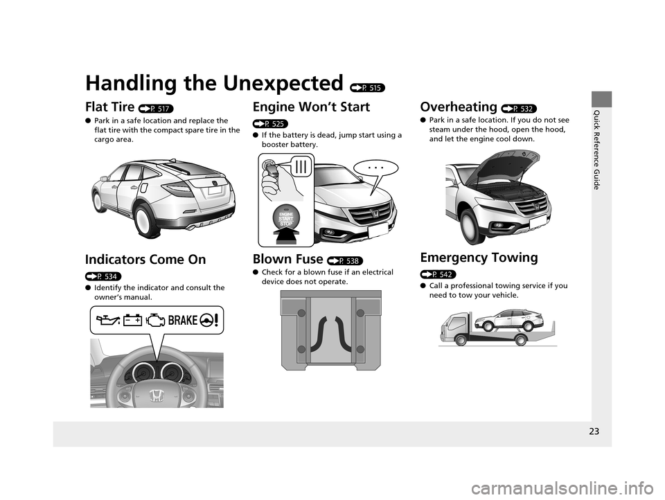 HONDA CROSSTOUR 2015 1.G Owners Manual Quick Reference Guide
23
Handling the Unexpected (P 515)
Flat Tire (P 517)
● Park in a safe location and replace the 
flat tire with the comp act spare tire in the 
cargo area.
Indicators Come On 
(