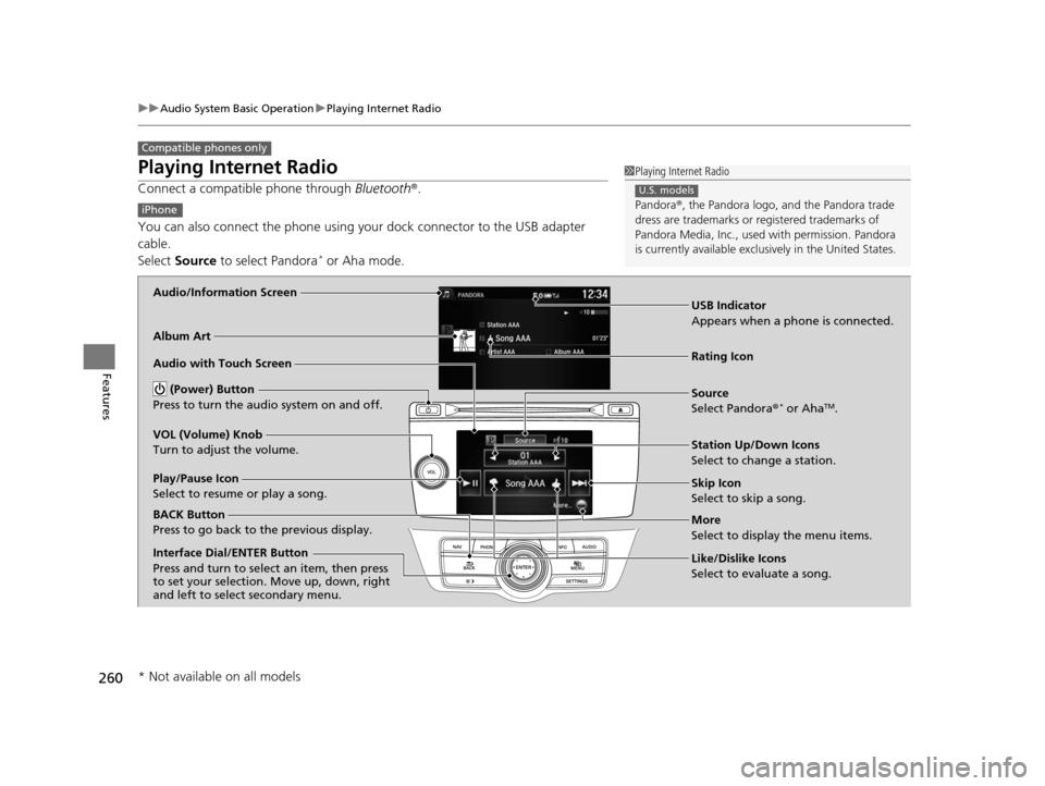 HONDA CROSSTOUR 2015 1.G Owners Manual 260
uuAudio System Basic Operation uPlaying Internet Radio
Features
Playing Internet Radio
Connect a compatible phone through Bluetooth®.
You can also connect the phone using your dock connector to HONDA CROSSTOUR 2015 1.G Owners Manual 260
uuAudio System Basic Operation uPlaying Internet Radio
Features
Playing Internet Radio
Connect a compatible phone through Bluetooth®.
You can also connect the phone using your dock connector to