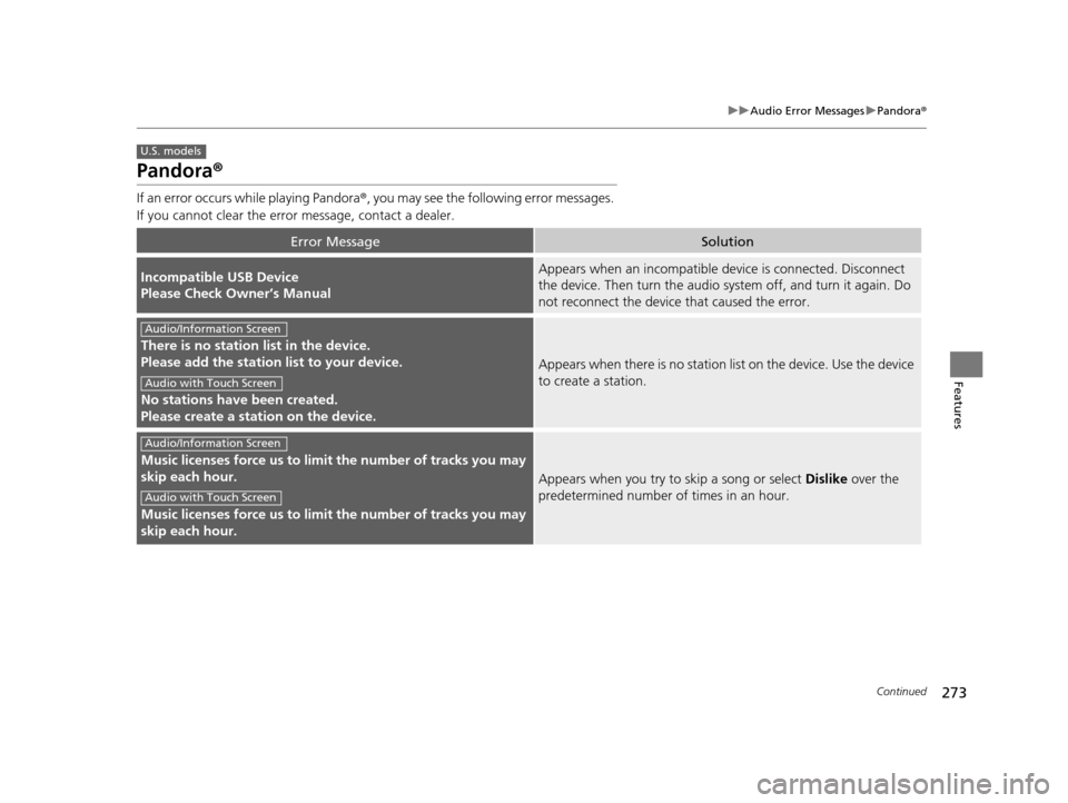 HONDA CROSSTOUR 2015 1.G Owners Manual 273
uuAudio Error Messages uPandora ®
Continued
Features
Pandora ®
If an error occurs while playing Pandora ®, you may see the following error messages.
If you cannot clear the error message, cont HONDA CROSSTOUR 2015 1.G Owners Manual 273
uuAudio Error Messages uPandora ®
Continued
Features
Pandora ®
If an error occurs while playing Pandora ®, you may see the following error messages.
If you cannot clear the error message, cont