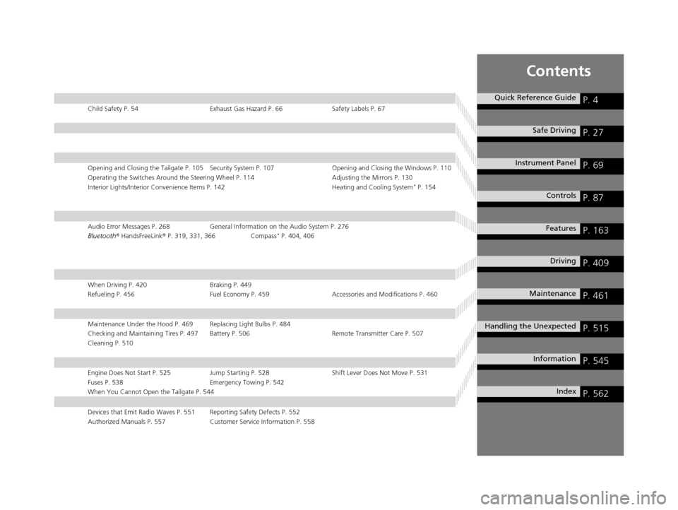 HONDA CROSSTOUR 2015 1.G Owners Manual Contents
Child Safety P. 54Exhaust Gas Hazard P. 66Safety Labels P. 67
Opening and Closing the Tailgate P. 105 Security System P. 107 Opening and Closing the Windows P. 110
Operating the Switches Arou