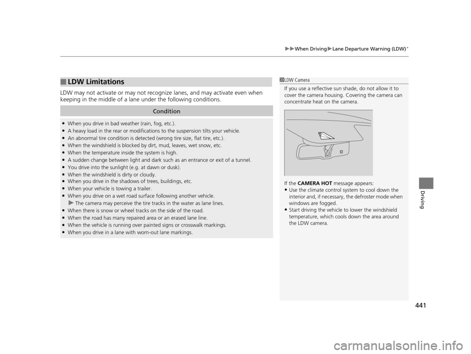 HONDA CROSSTOUR 2015 1.G Owners Manual 441
uuWhen Driving uLane Departure Warning (LDW)*
Driving
LDW may not activate or may not recognize  lanes, and may activate even when 
keeping in the middle of a lane under the following conditions.
