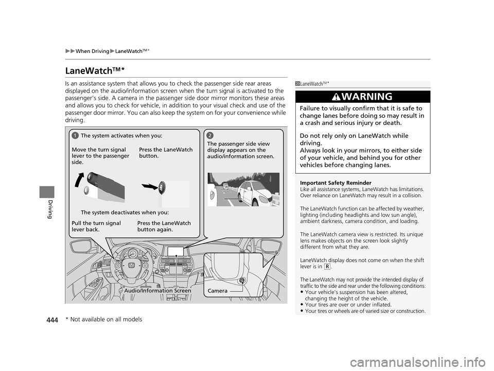 HONDA CROSSTOUR 2015 1.G Owners Manual 444
uuWhen Driving uLaneWatchTM*
Driving
LaneWatchTM*
Is an assistance system that allows y ou to check the passenger side rear areas
displayed on the audio/information screen when the turn signal is HONDA CROSSTOUR 2015 1.G Owners Manual 444
uuWhen Driving uLaneWatchTM*
Driving
LaneWatchTM*
Is an assistance system that allows y ou to check the passenger side rear areas
displayed on the audio/information screen when the turn signal is