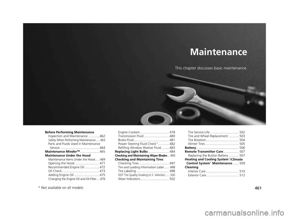 HONDA CROSSTOUR 2015 1.G Owners Manual 461
Maintenance
This chapter discusses basic maintenance.
Before Performing MaintenanceInspection and Maintenance ............ 462
Safety When Performing Maintenance..... 463Parts and Fluids Used in M HONDA CROSSTOUR 2015 1.G Owners Manual 461
Maintenance
This chapter discusses basic maintenance.
Before Performing MaintenanceInspection and Maintenance ............ 462
Safety When Performing Maintenance..... 463Parts and Fluids Used in M