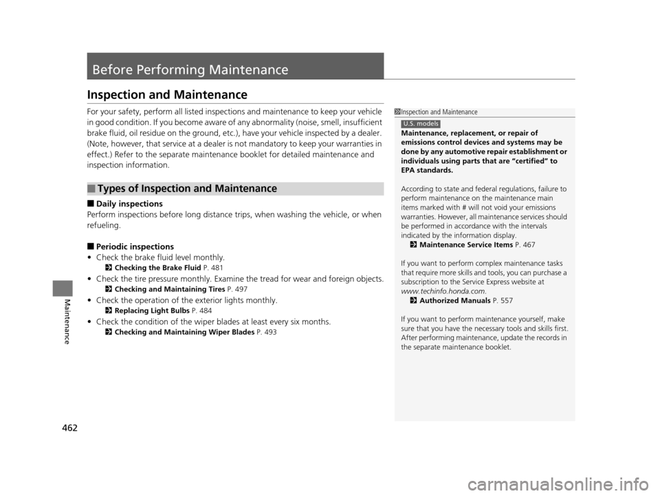 HONDA CROSSTOUR 2015 1.G Owners Manual 462
Maintenance
Before Performing Maintenance
Inspection and Maintenance
For your safety, perform all listed inspections and maintenance to keep your vehicle 
in good condition. If you become aware of