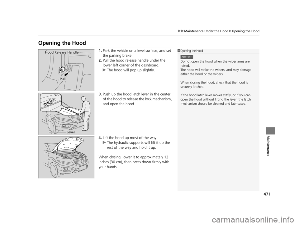 HONDA CROSSTOUR 2015 1.G Owners Manual 471
uuMaintenance Under the Hood uOpening the Hood
Maintenance
Opening the Hood
1. Park the vehicle on a level surface, and set
the parking brake.
2. Pull the hood release handle under the
lower lef HONDA CROSSTOUR 2015 1.G Owners Manual 471
uuMaintenance Under the Hood uOpening the Hood
Maintenance
Opening the Hood
1. Park the vehicle on a level surface, and set
the parking brake.
2. Pull the hood release handle under the
lower lef