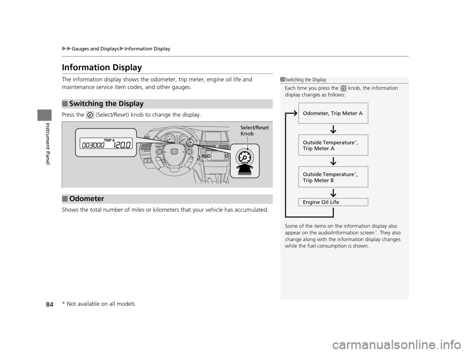 HONDA CROSSTOUR 2015 1.G Owners Manual 84
uuGauges and Displays uInformation Display
Instrument Panel
Information Display
The information display sh ows the odometer, trip meter, engine oil life and 
maintenance service item codes, and oth