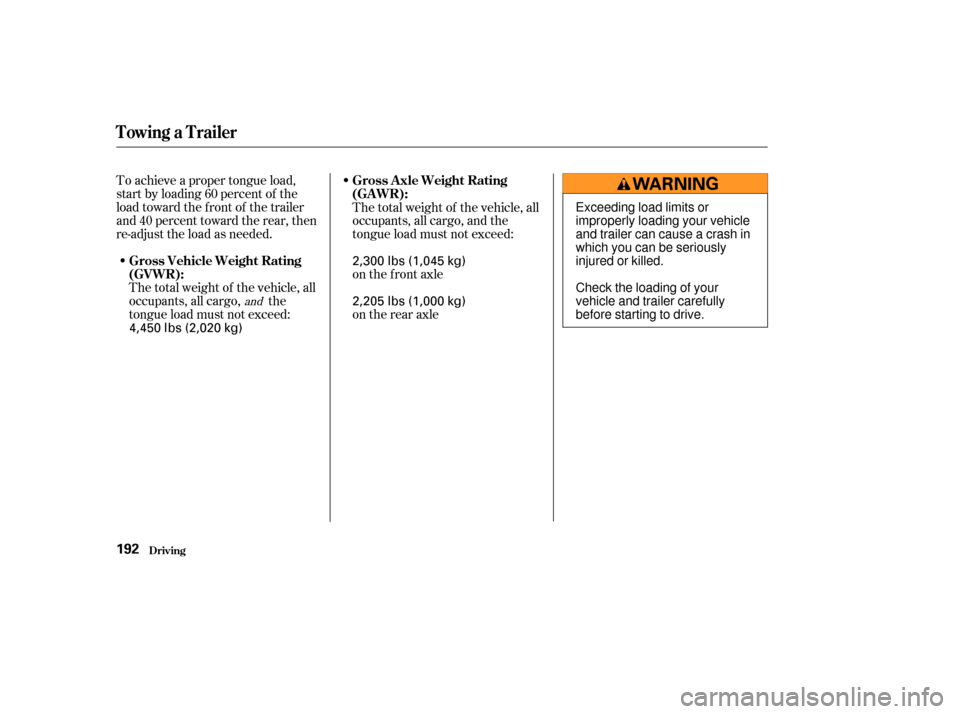HONDA ELEMENT 2003 1.G User Guide To achieve a proper tongue load,
start by loading 60 percent of the
load toward the front of the trailer
and 40 percent toward the rear, then
re-adjust the load as needed.The total weight of the vehic