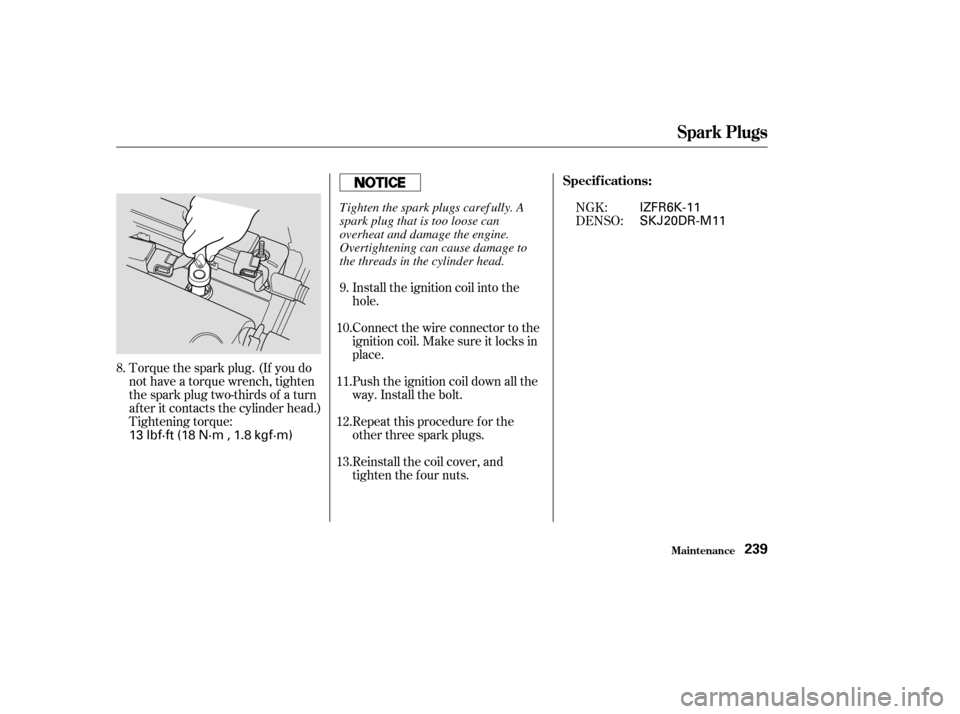 HONDA ELEMENT 2003 1.G Owners Manual Torque the spark plug. (If you do
not have a torque wrench, tighten
the spark plug two-thirds of a turn
af ter it contacts the cylinder head.)
Tightening torque:Connect the wire connector to the
ignit