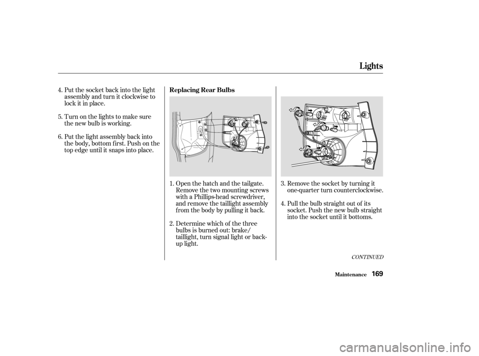 HONDA ELEMENT 2004 1.G Owners Manual Put the socket back into the light 
assembly and turn it clockwise to
lock it in place. 
Turn on the lights to make sure 
the new bulb is working. 
Put the light assembly back into 
the body, bottom f