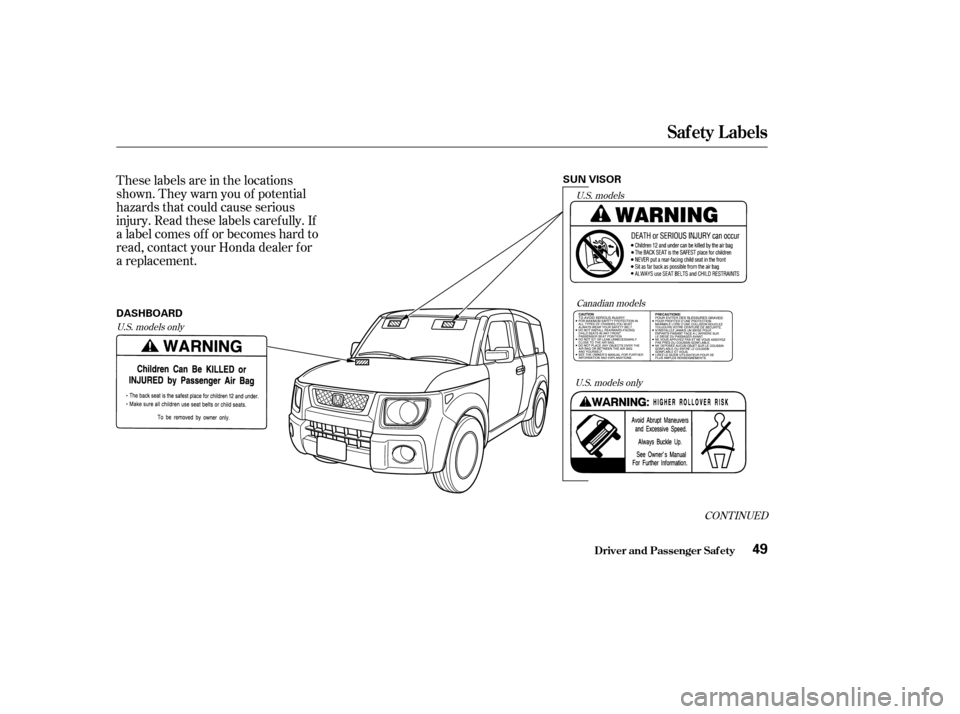 HONDA ELEMENT 2004 1.G Owners Manual These labels are in the locations 
shown. They warn you of potential
hazards that could cause serious
injury. Read these labels caref ully. If
a label comes of f or becomes hard to
read, contact your 