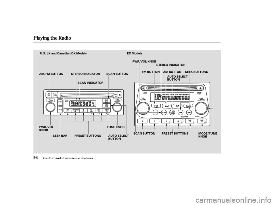 HONDA ELEMENT 2004 1.G Owners Manual Playing the Radio
Comf ort and Convenience Feat ures94
AM/FM BUTTON STEREO INDICATORSCAN INDICATORSCAN BUTTON
SEEK BAR
PWR/VOL KNOB
AUTO SELECT
BUTTON
PRESET BUTTONS STEREO INDICATOR
PWR/VOL KNOB
SEEK