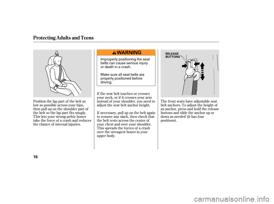 HONDA ELEMENT 2005 1.G User Guide Position the lap part of the belt as
low as possible across your hips,
then pull up on the shoulder part of
the belt so the lap part f its snugly.
This lets your strong pelvic bones
take the force of 