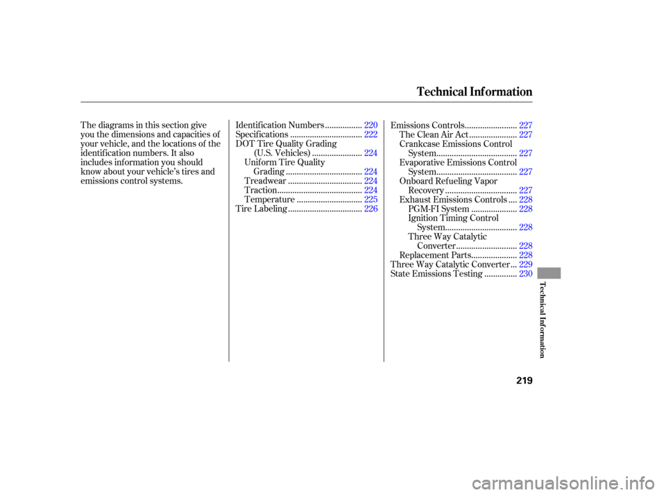 HONDA ELEMENT 2005 1.G Owners Manual Thediagramsinthissectiongive
you the dimensions and capacities of
your vehicle, and the locations of the
identif ication numbers. It also
includes inf ormation you should
know about your vehicle’s t