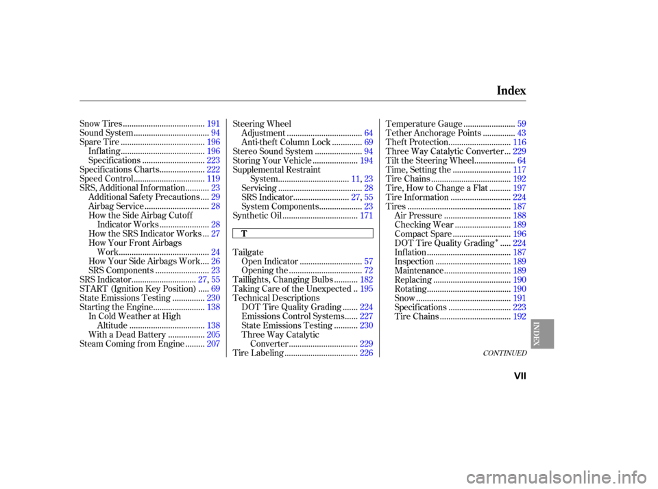 HONDA ELEMENT 2005 1.G Owners Manual Î
CONT INUED
.....................................
Snow Tires .191
..................................
Sound System .94
......................................
Spare Tire .196
........................