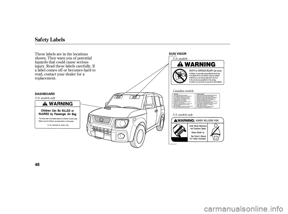 HONDA ELEMENT 2005 1.G Owners Manual These labels are in the locations
shown. They warn you of potential
hazards that could cause serious
injury. Read these labels caref ully. If
a label comes of f or becomes hard to
read, contact your d