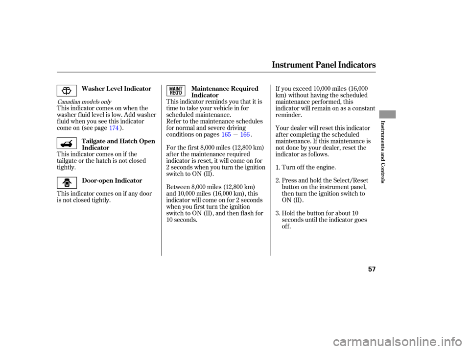 HONDA ELEMENT 2005 1.G Owners Manual µ
Canadian models onlyThis indicator reminds you that it is
time to take your vehicle in for
scheduled maintenance.
This indicator comes on if any door
is not closed tightly. This indicator comes on