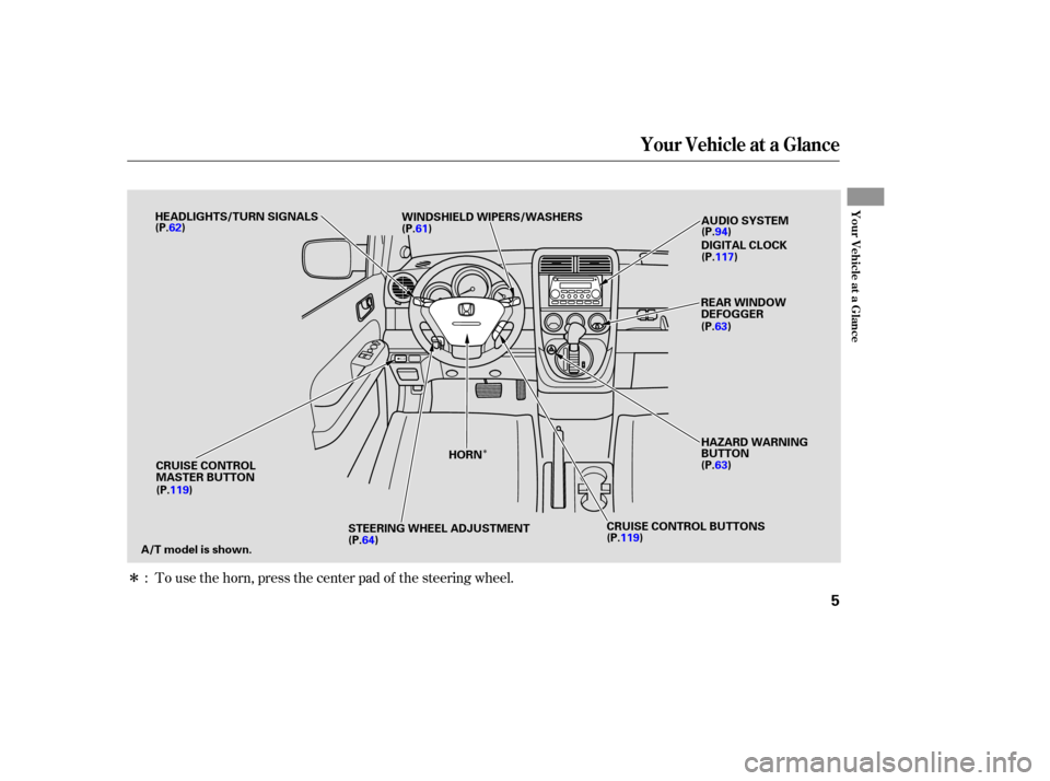 HONDA ELEMENT 2005 1.G Owners Manual Î
Î
To use the horn, press the center pad of the steering wheel.
:
Your Vehicle at a Glance
Your Vehicle at a Glance
5
HEADLIGHTS/TURN SIGNALS
REAR WINDOW
DEFOGGER
A/T model is shown. HORN
HAZARD 