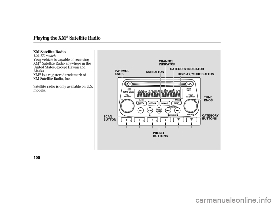 HONDA ELEMENT 2006 1.G Owners Manual Satellite radio is onlyavailable on U.S.
models. Your vehicle is capable of receiving
XM
Satellite Radio anywhere in the
United States, except Hawaii and
Alaska.
XM
is a registered trademark of
XM Sat