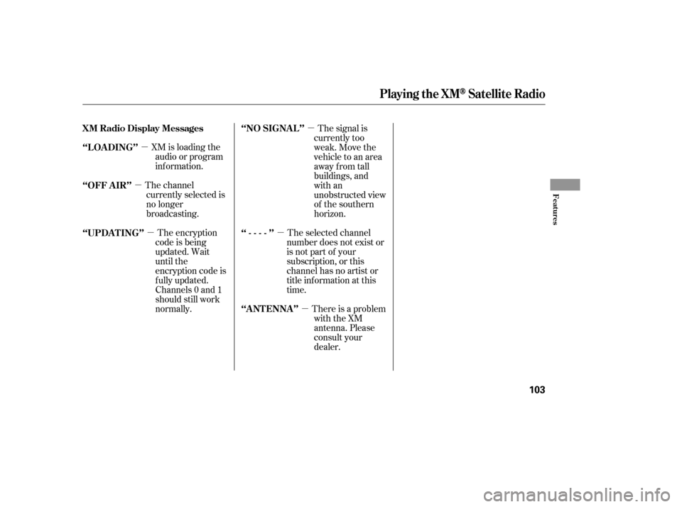 HONDA ELEMENT 2006 1.G User Guide µ
µ
µ µ
µ µ
XM is loading the
audio or program
inf ormation.
The channel currently selected is
no longer
broadcasting.
The encryption
code is being
updated. Wait
until the
encryption code 