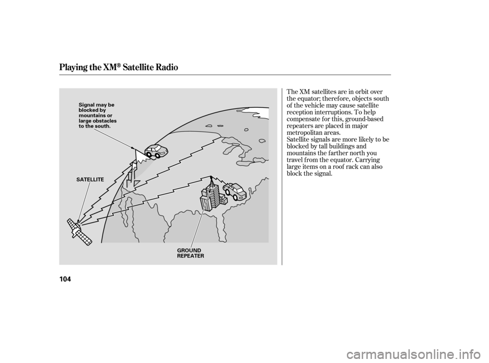 HONDA ELEMENT 2006 1.G Owners Guide The XM satellites are in orbit over
the equator; therefore, objects south
of the vehicle may cause satellite
reception interruptions. To help
compensate f or this, ground-based
repeaters are placed in HONDA ELEMENT 2006 1.G Owners Guide The XM satellites are in orbit over
the equator; therefore, objects south
of the vehicle may cause satellite
reception interruptions. To help
compensate f or this, ground-based
repeaters are placed in
