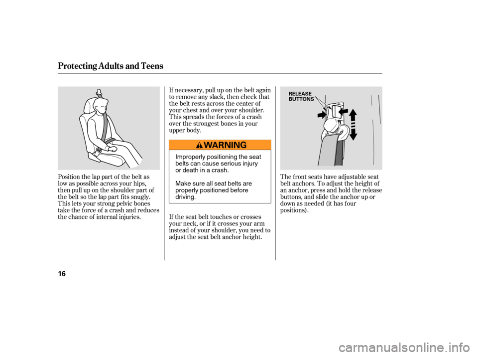 HONDA ELEMENT 2006 1.G Owners Manual Position the lap part of the belt as
low as possible across your hips,
then pull up on the shoulder part of
the belt so the lap part f its snugly.
This lets your strong pelvic bones
take the force of 