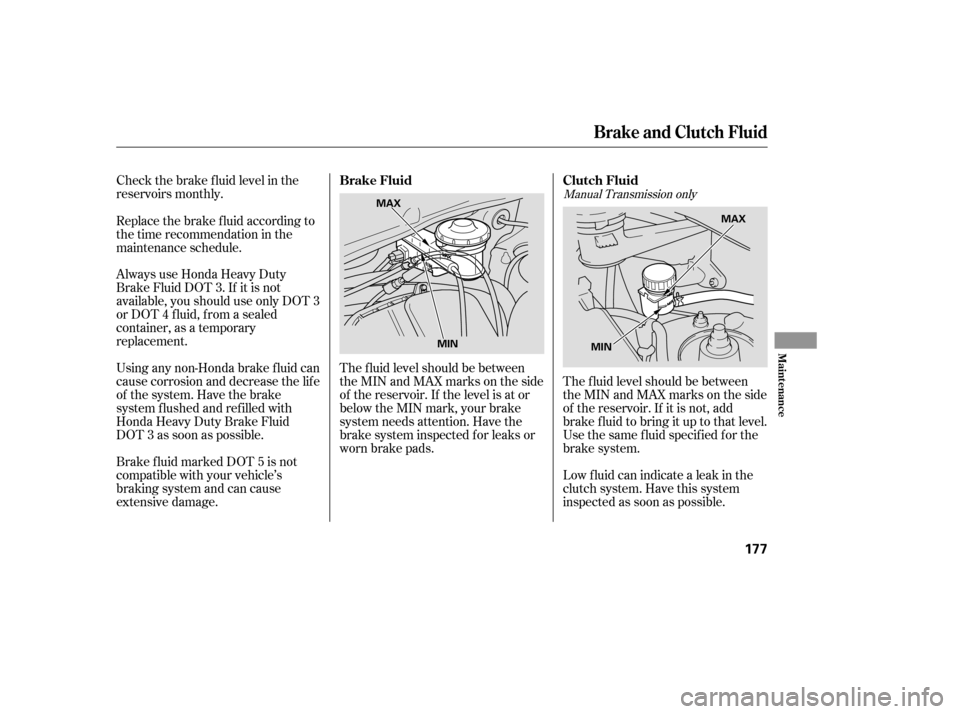 HONDA ELEMENT 2006 1.G Owners Manual Check the brake f luid level in the
reservoirs monthly.
Always use Honda Heavy Duty
Brake Fluid DOT 3. If it is not
available, you should use only DOT 3
or DOT 4 f luid, f rom a sealed
container, as a