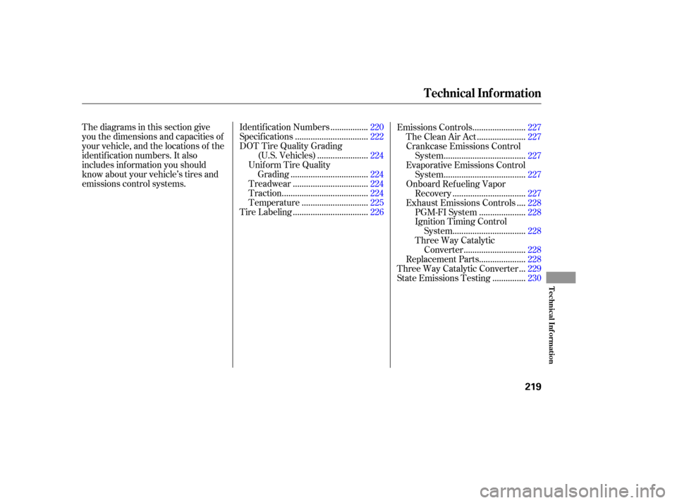 HONDA ELEMENT 2006 1.G Owners Manual Thediagramsinthissectiongive
you the dimensions and capacities of
your vehicle, and the locations of the
identif ication numbers. It also
includes inf ormation you should
know about your vehicle’s t