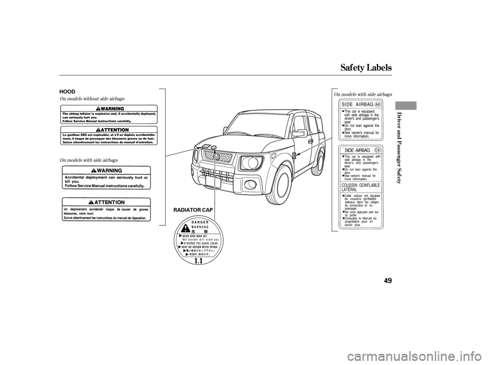 HONDA ELEMENT 2006 1.G Workshop Manual On models without side airbagsOn models with side airbags On models with side airbags
Saf ety L abels
Driver and Passenger Saf ety
49
HOOD
RADIATOR CAP 
